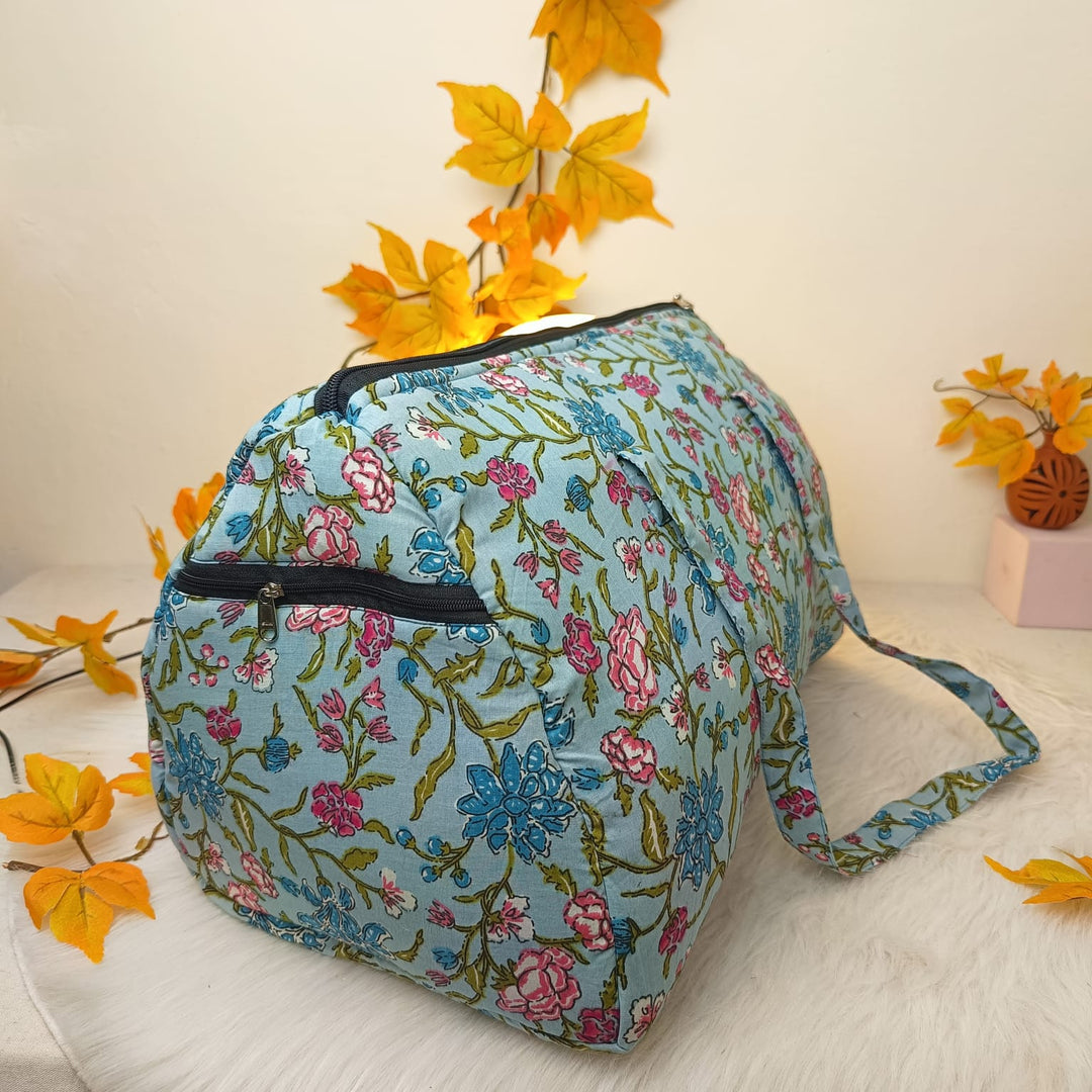 Weekender Travel Bag Blue With Pink Botanical Design.