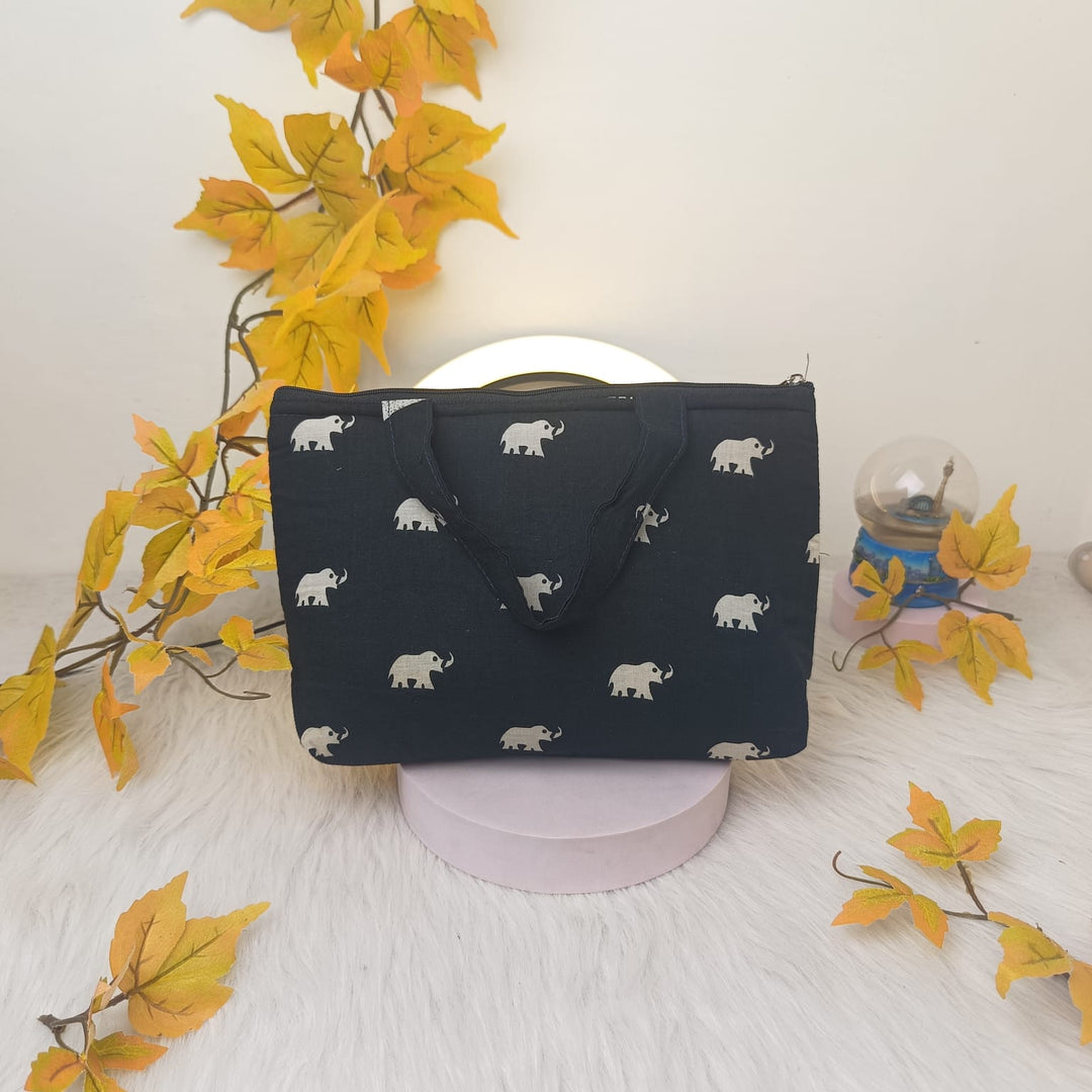 Bristlefront everyday handy bags Black with White Small Elephant Design.