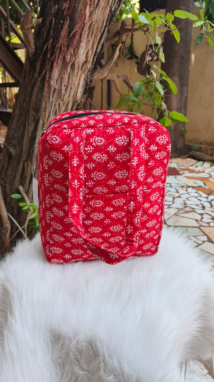 Water Proof Cotton Lunch Bag Bright Red Jaipuri