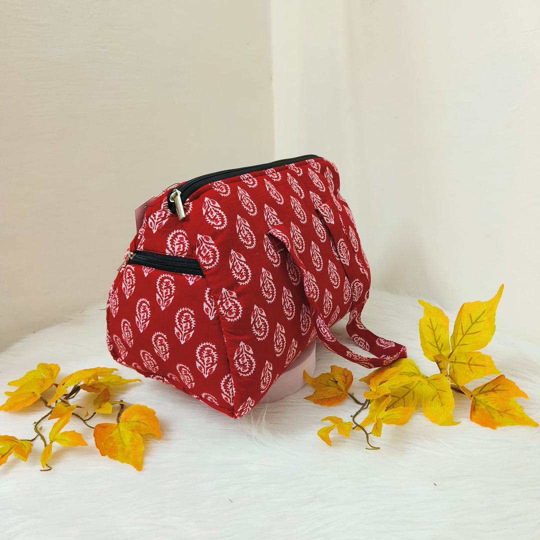 Barrel Handbags Dark Red Colour with Floral Design