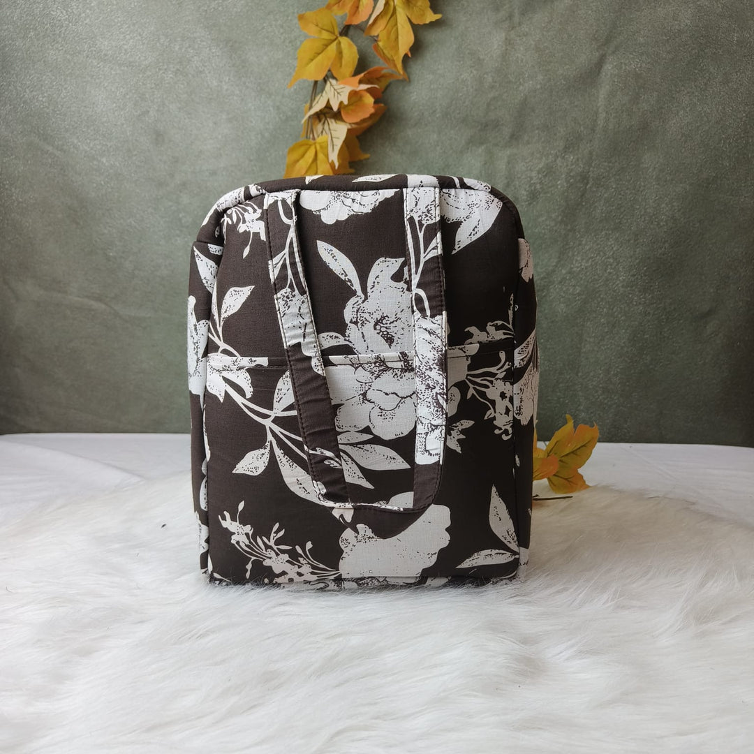 Water Proof Cotton Lunch Bag Brown Big Florals