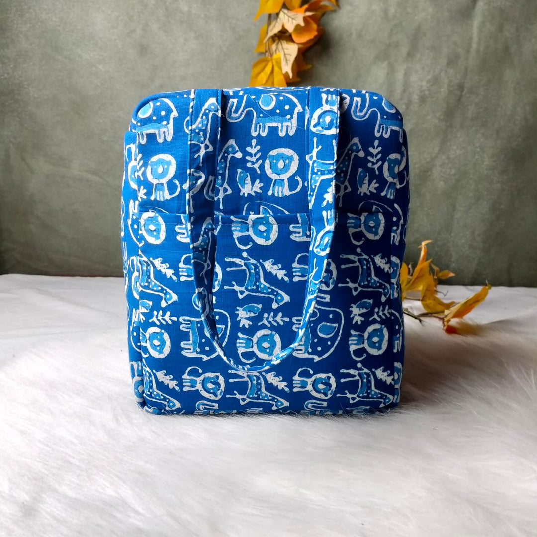 Water Proof Cotton Lunch Bag Indigo Lion Print