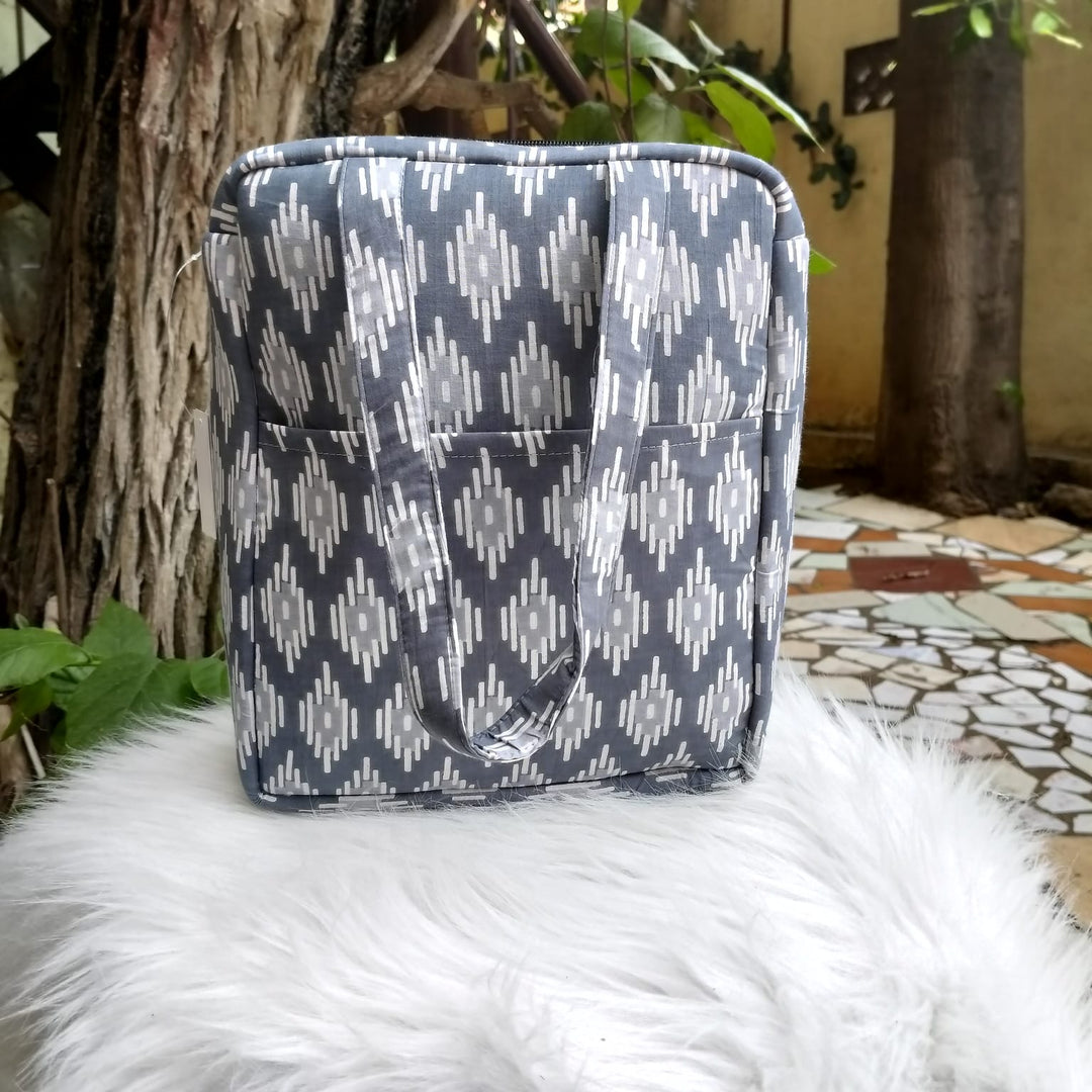 Water Proof Cotton Lunch Bag Grey Ikat Print