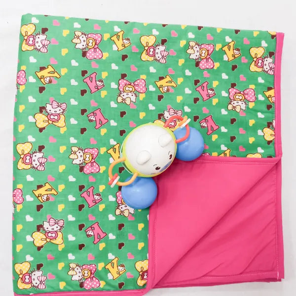 Baby Comforters Green With Pink Cartoon Prints.