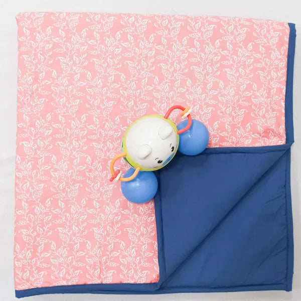 Baby Comforters Peach with Greyish Blue and White Small Leaf Design.