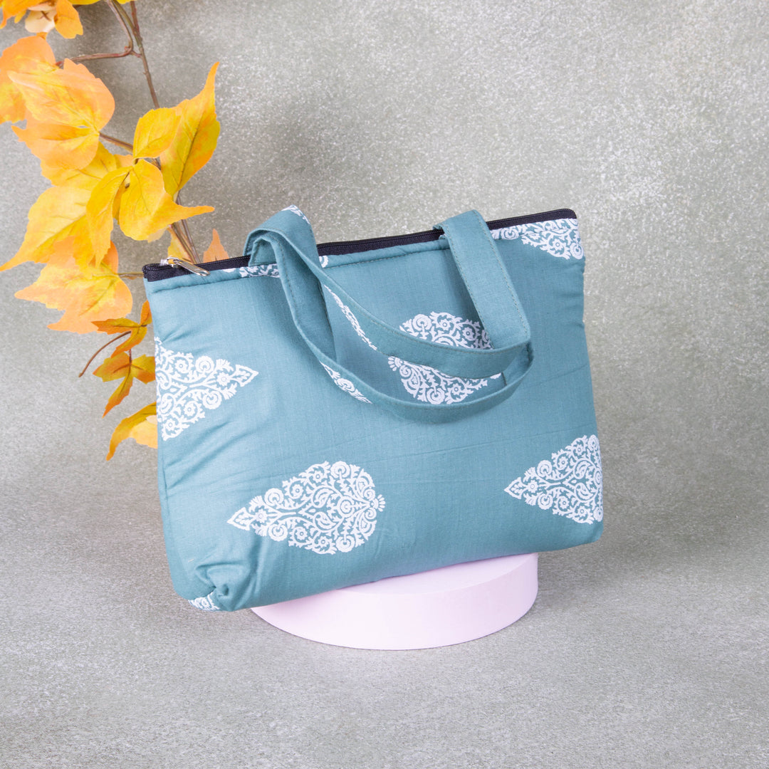 Bristlefront everyday handy bags Green Colour with Big White Flower Design.