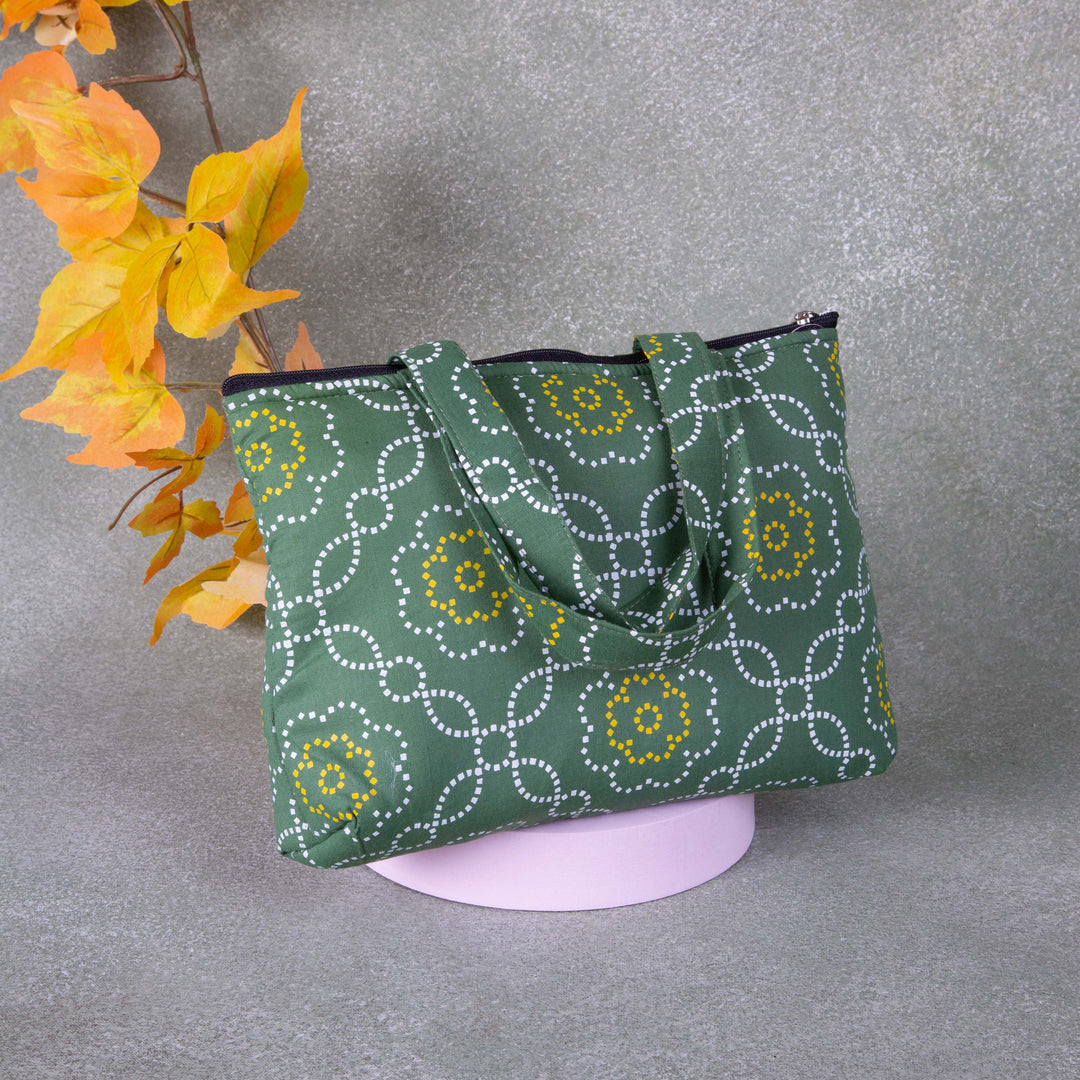 Bristlefront everyday handy bags Green With White Bandhani Design.