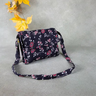 Multizipper Sling 4 Zips Black Colour with Red Flower Design.