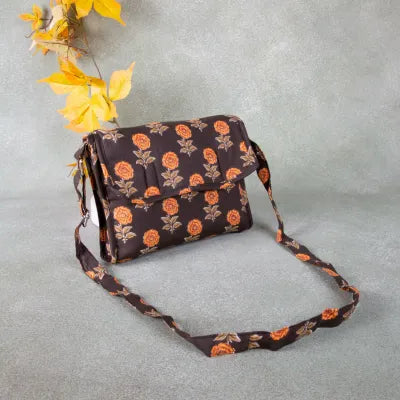 Multizipper Sling 4 Zips Brown Colour with Orange Flower Design.