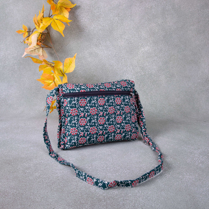 Multizipper Sling 4 Zips Green Colour with Red Flower Design.