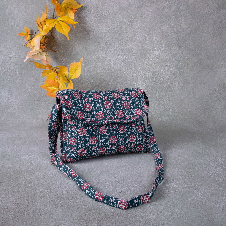 Multizipper Sling 4 Zips Green Colour with Red Flower Design.