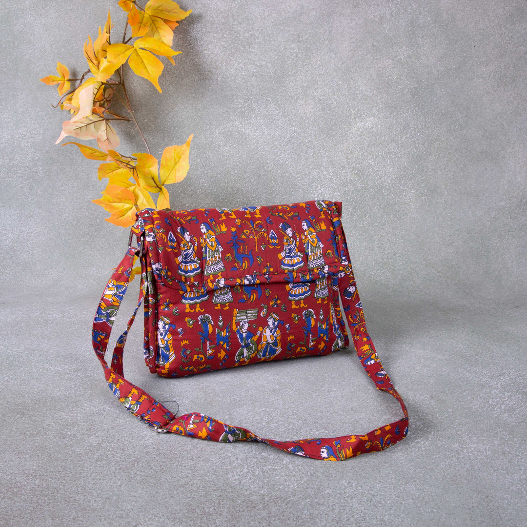 Multizipper Sling 4 Zips Maroon Colour with Kalamkari Design.