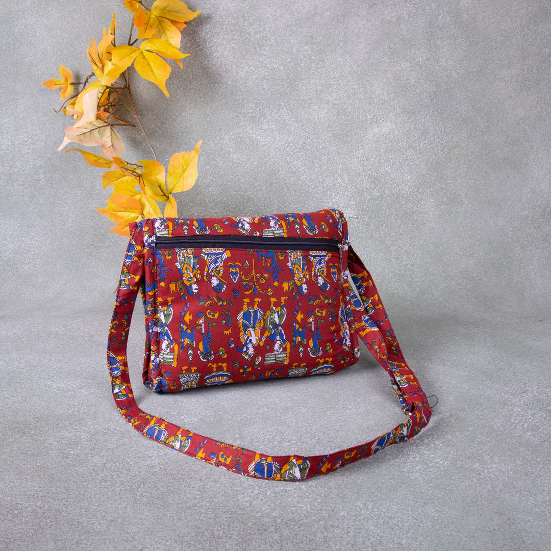 Multizipper Sling 4 Zips Maroon Colour with Kalamkari Design.