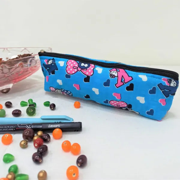Pencil Pouches Blue With Pink Cartoon Design