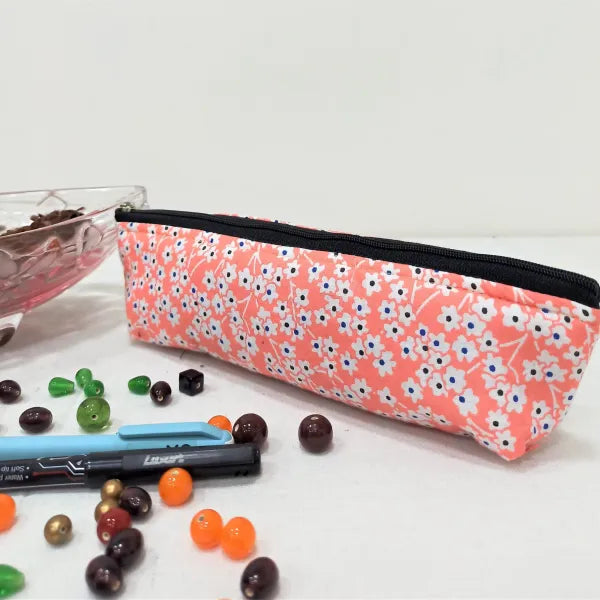 Pencil Pouches Orange with Blue Dots Design.