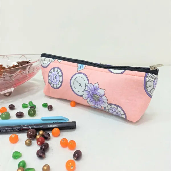 Pencil Pouches Peach Colour with Clock Design.