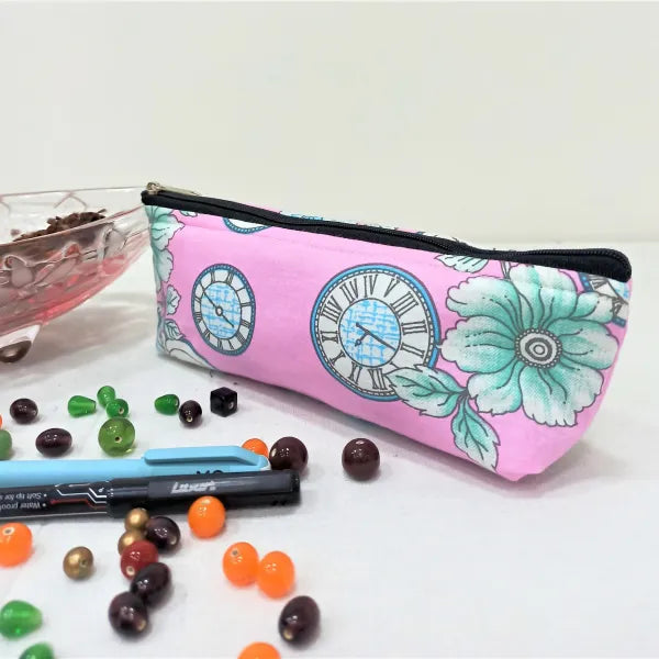 Pencil Pouches Pink Colour with Clock Design.