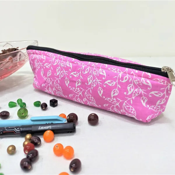 Pencil Pouches Pink with White Flower Design.