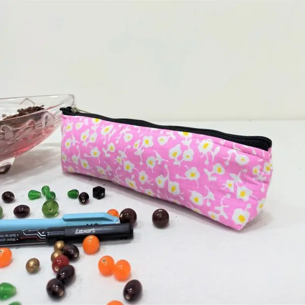 Pencil Pouches Pink With Yellow Dots Design.