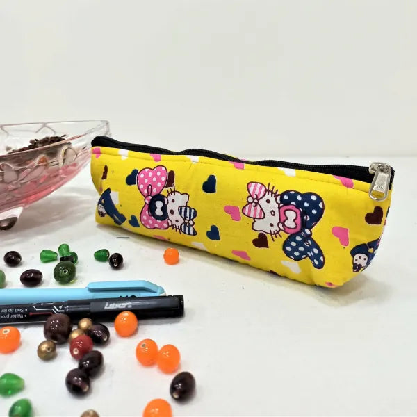 Pencil Pouches Yellow with Pink Cartoon Design.