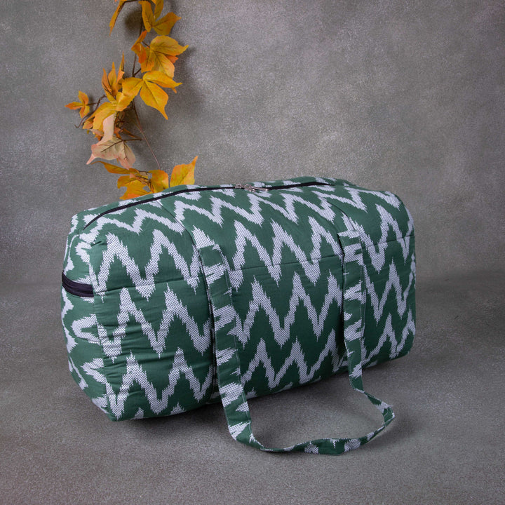 Rectangle Travel Bag Green Colour with White Zig zag Design.