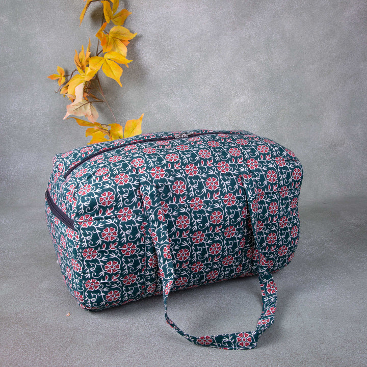 Rectangle Travel Bag Green with Red Flower Design.