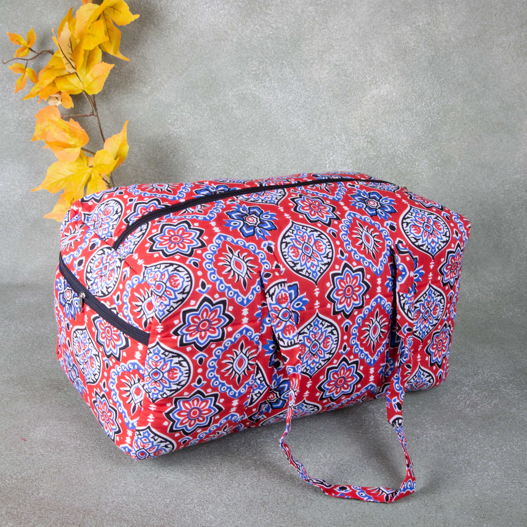 Rectangle Travel Bag Red with Blue Colour Flower Design.