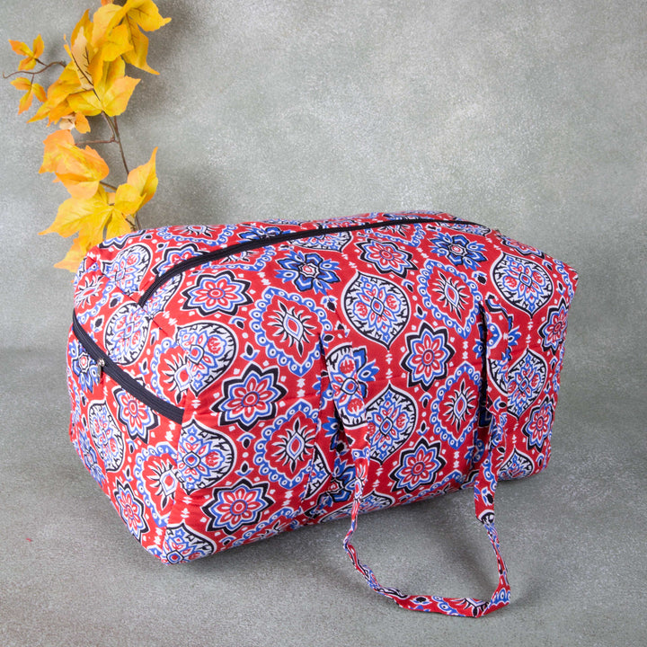 Rectangle Travel Bag Red with Blue Colour Flower Design.