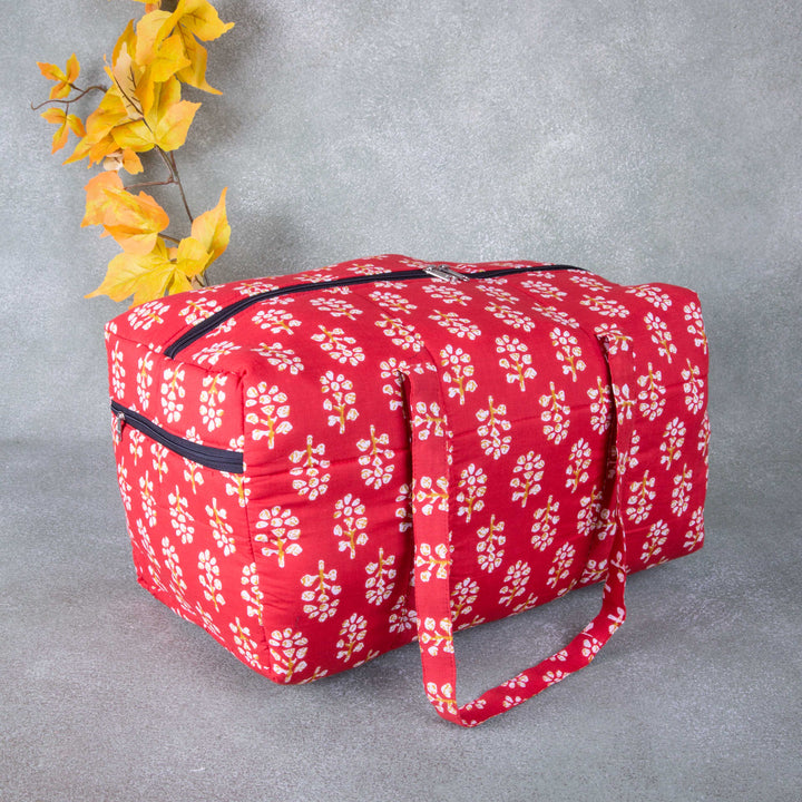Rectangle Travel Bag Red with Yellow Prints.