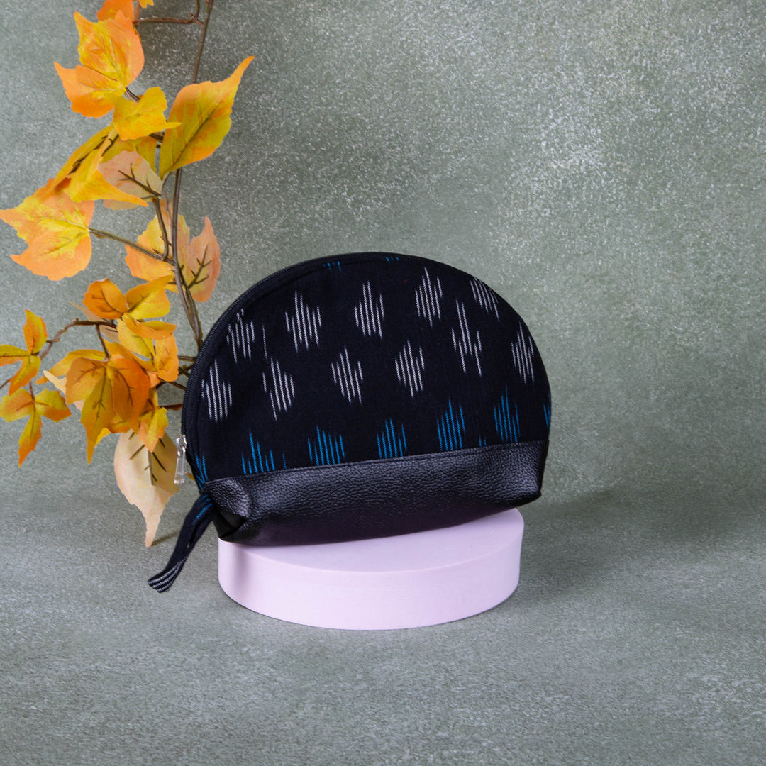 Sarus Crane Series Half Moon Vanity pouch Black with White and Blue Line Design.