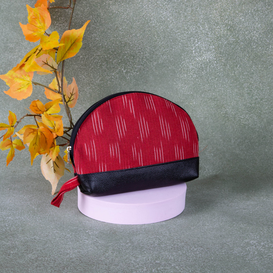 Sarus Crane Series Half Moon Vanity pouch Red Colour with Line Design.