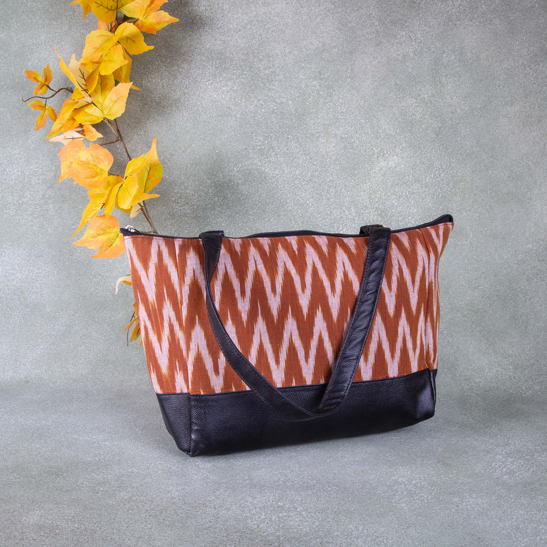 Sarus Crane Series Jumbo Tote Brown With White Zig zag Design.