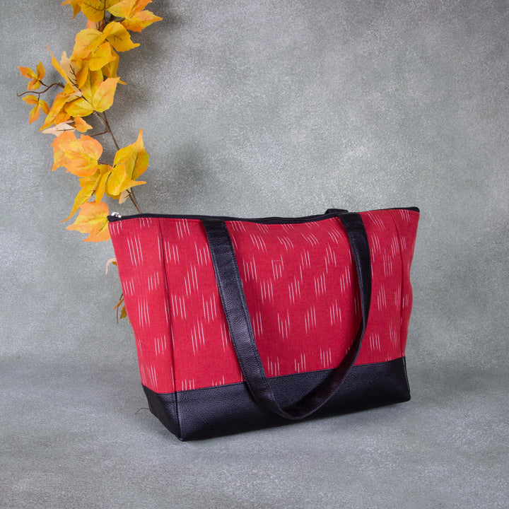 Sarus Crane Series Jumbo Tote Red Colour with Line Design.