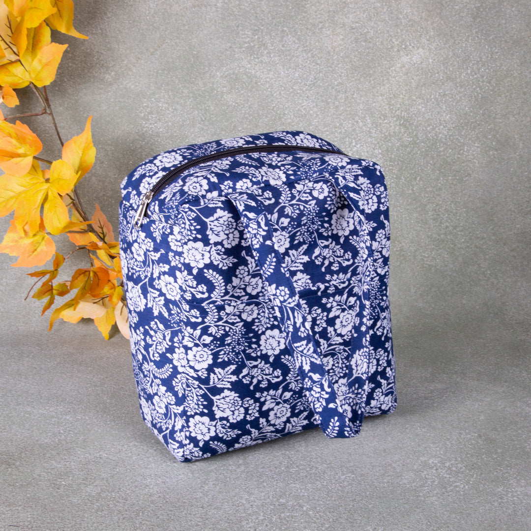 Water Proof Cotton Lunch Bag Blue Colour with White Flower Design.