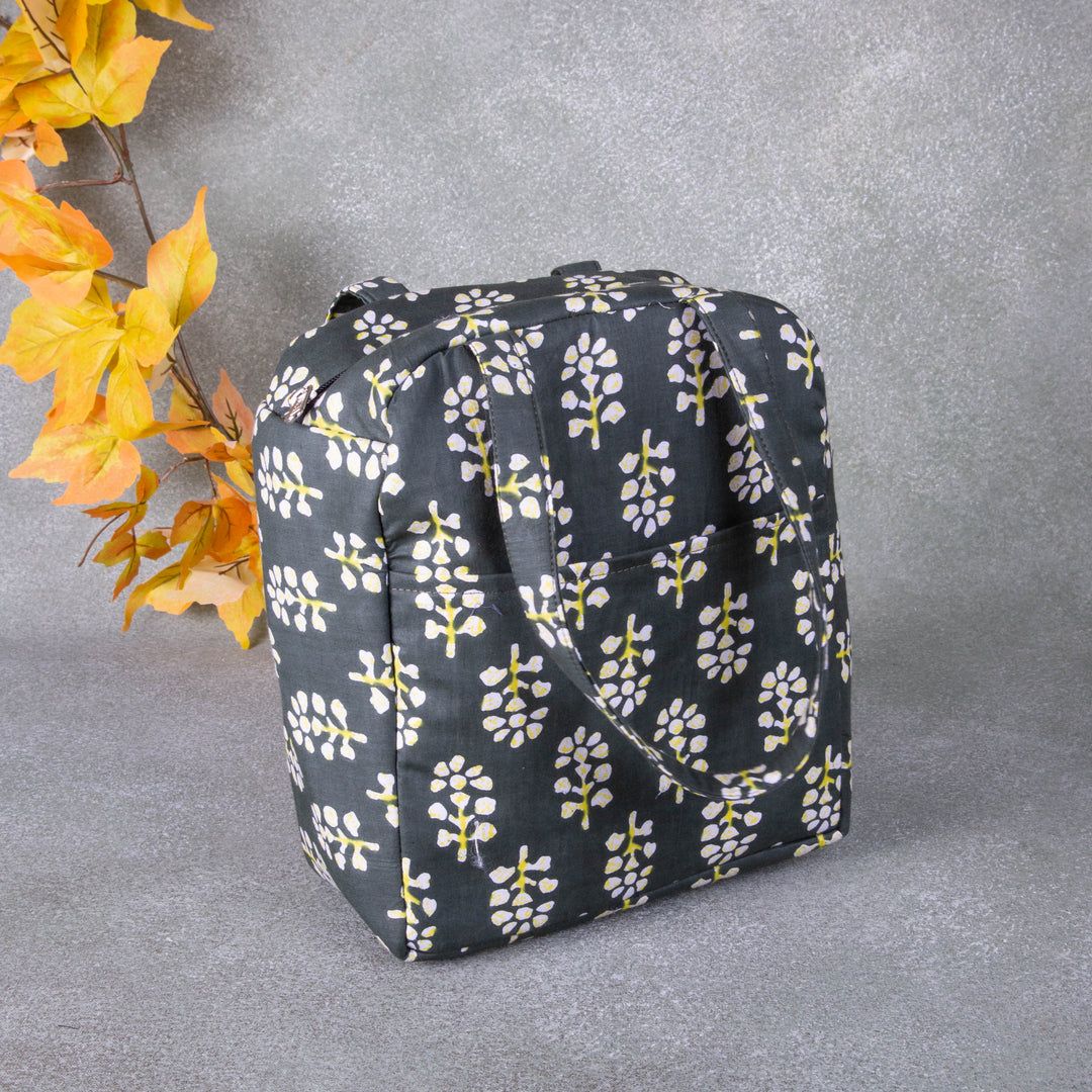 Water Proof Cotton Lunch Bag Green Colour With Yellow Colour Flower Design.