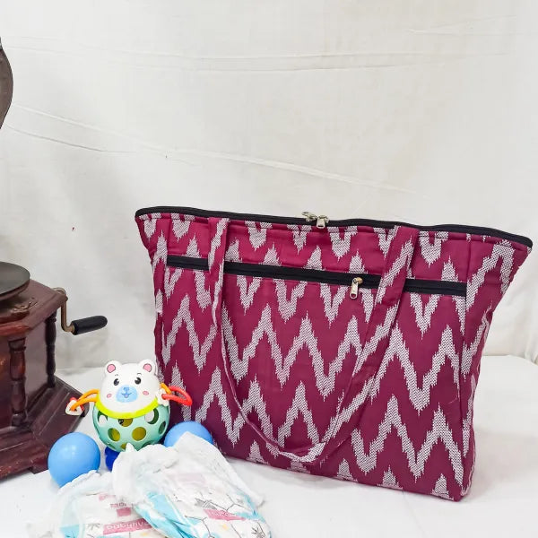 Baby Bag Diaper bag Hospital Bag Wine Color with White Zig-zag Design.