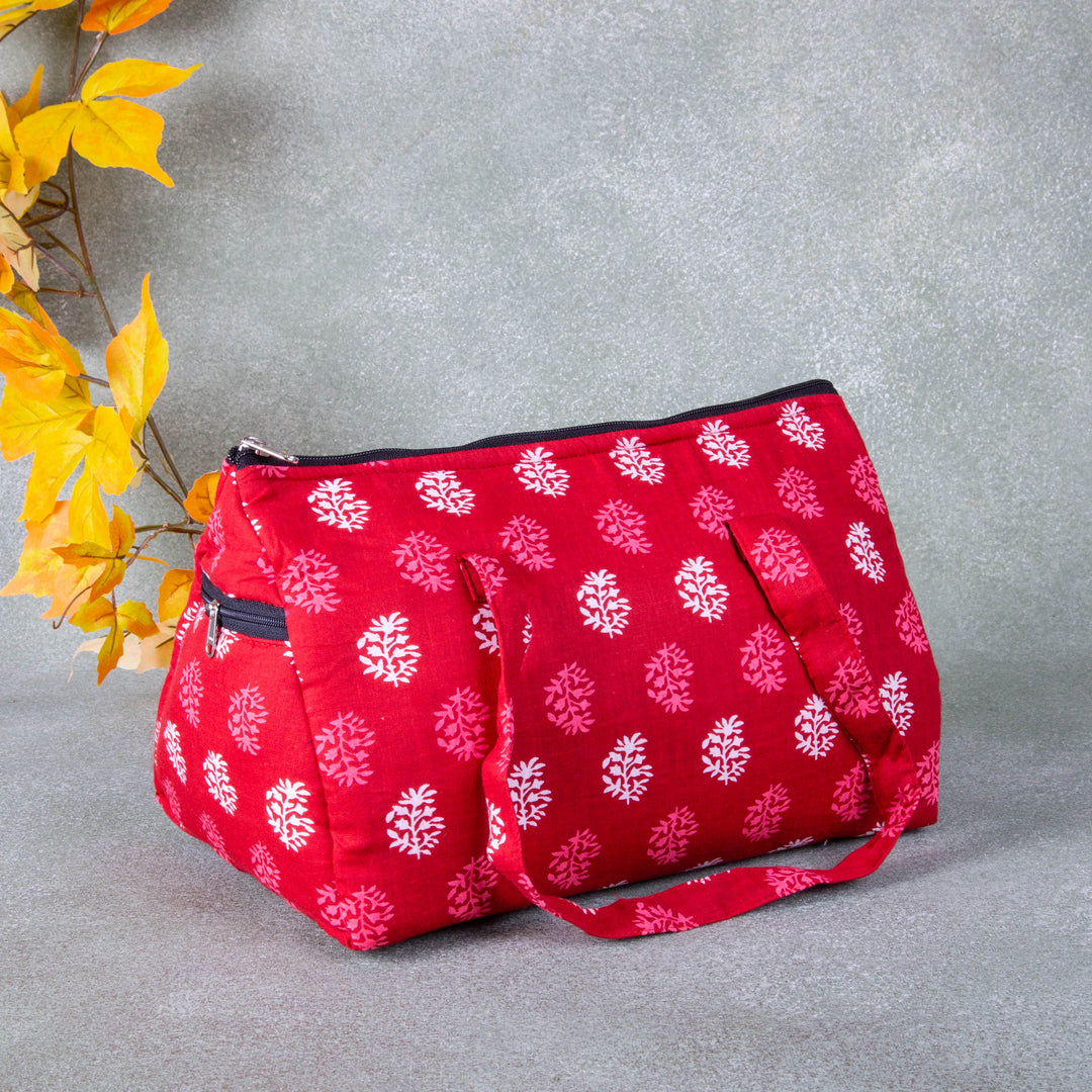 Barrel Handbags Red with White Flower Design