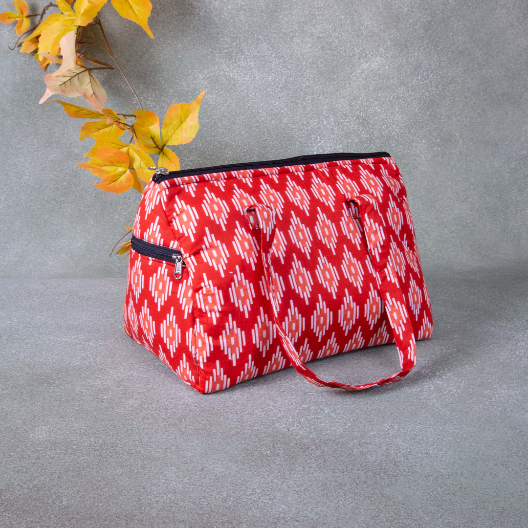 Barrel Handbags Red with White Prints.