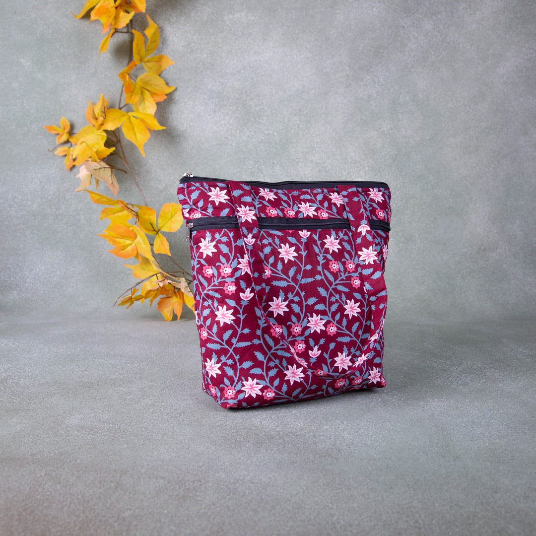 Medium Size Handbag Maroon Colour Flower Design