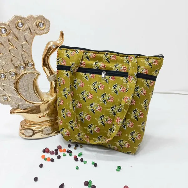 Medium Size Handbag Mehndi Colour Flower Design.