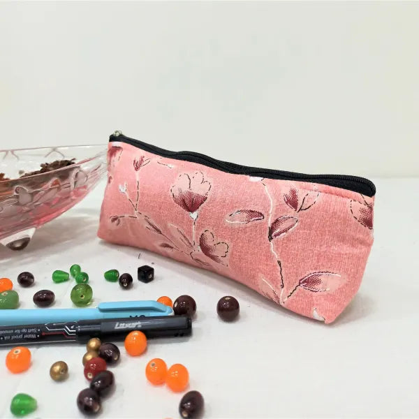 Pencil Pouches Peach Colour Flower Design.