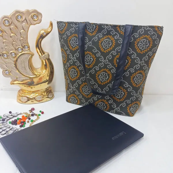 Sarus Crane Lifestyle Tote with Laptop mehndi  Green with Yellow Bandhani Design.