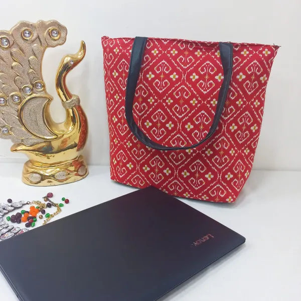 Sarus Crane Lifestyle Tote with Laptop Red with Yellow Prints.