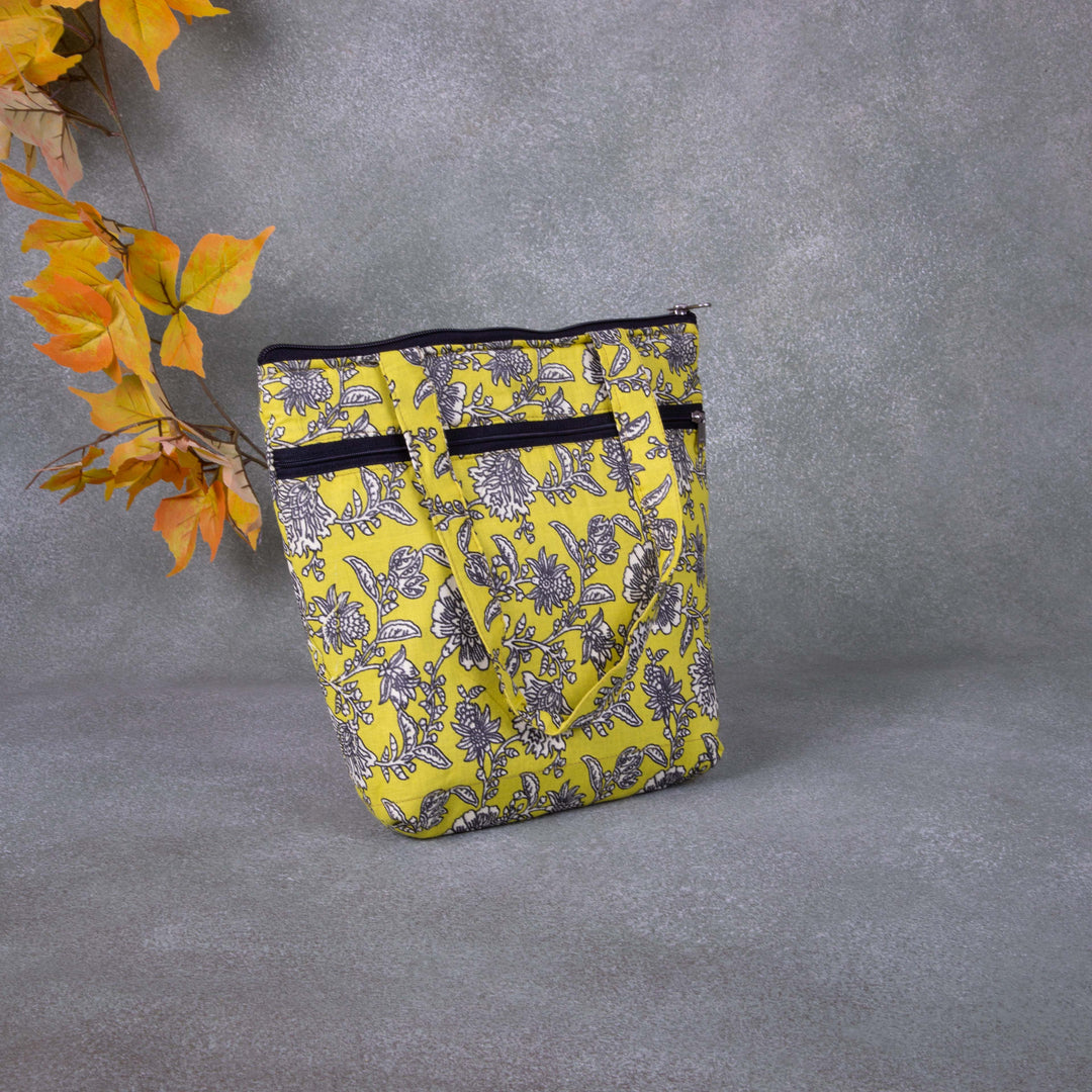 Small Handbag Yellow with Grey Flower Design.