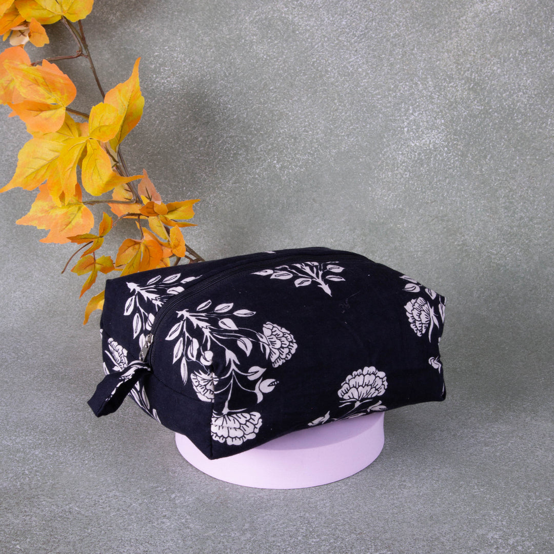 Vanity Pouch Black Colour with White Flower Design.