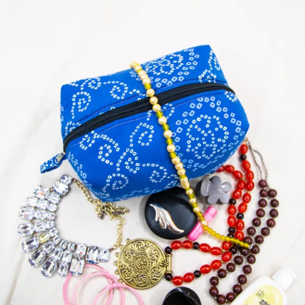 Vanity Pouch Blue Colour Bandhani Design.