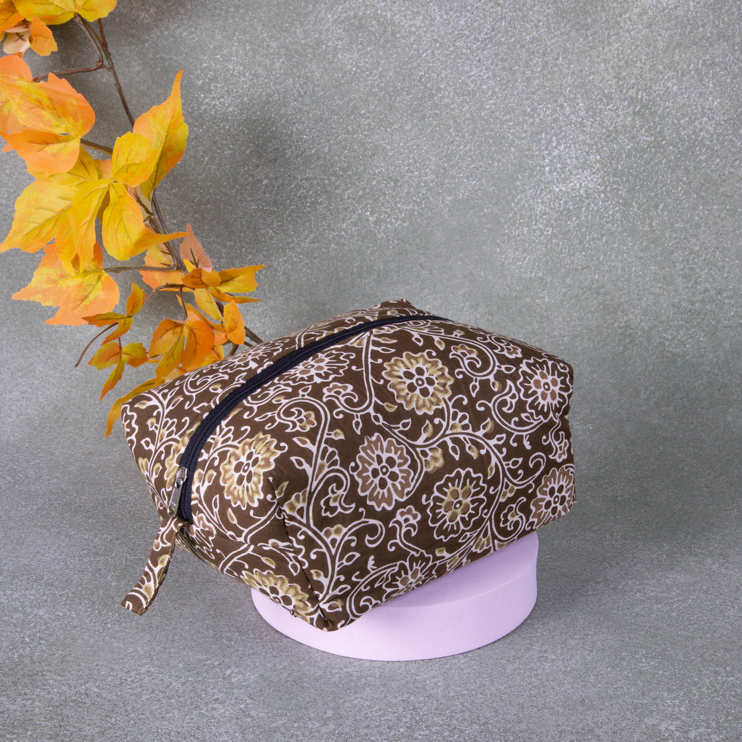 Vanity Pouch Brown Colour with White Flower Design.