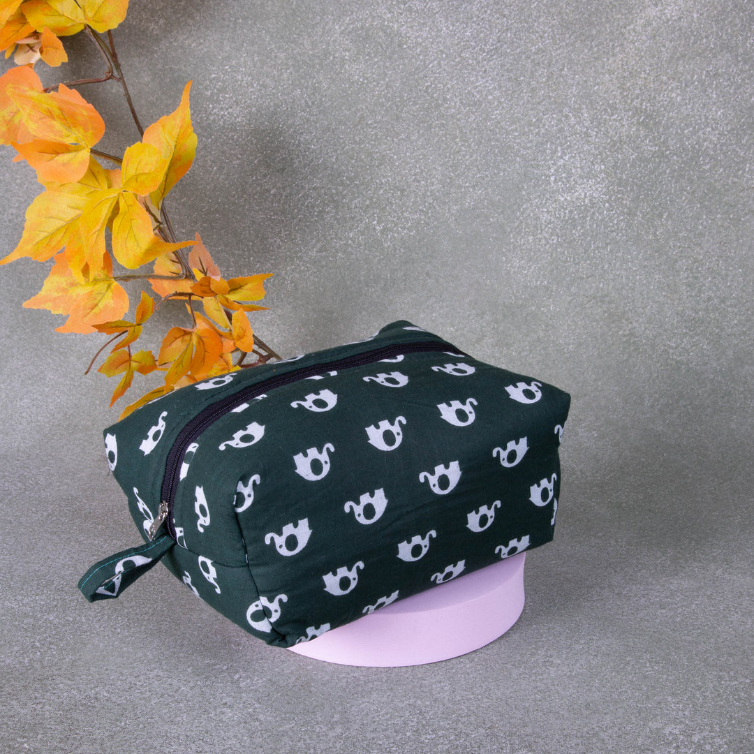 Vanity Pouch Green Colour with White Elephant Design.