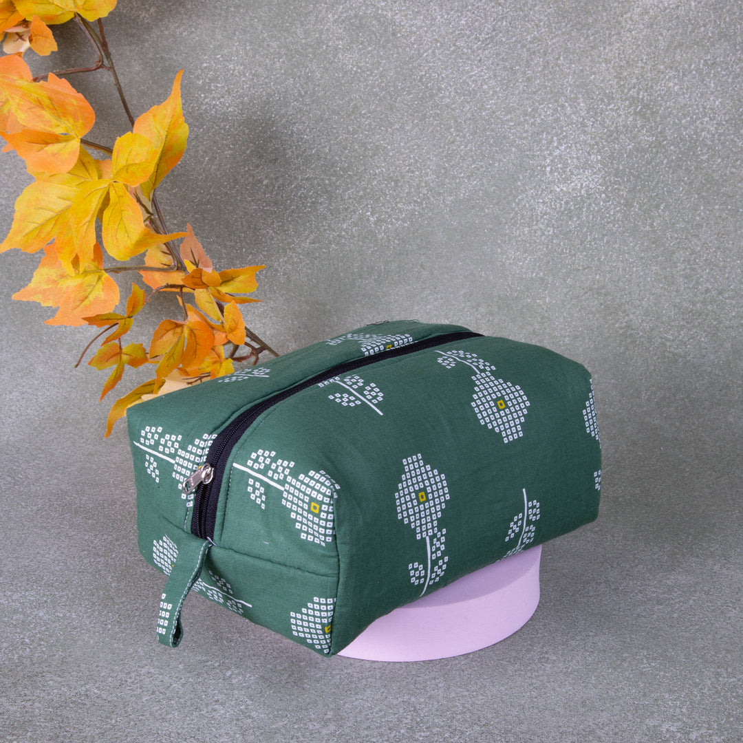 Vanity Pouch Green Colour with White Flower Design.