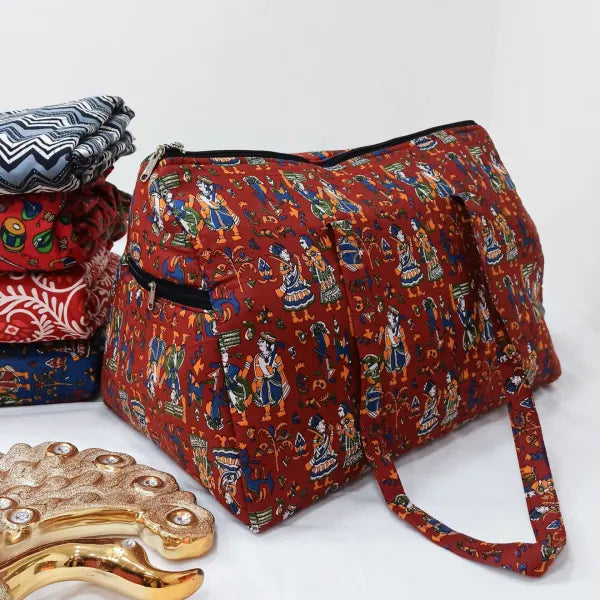 Weekender Travel Bag Maroon Colour with Kalamkari Design.